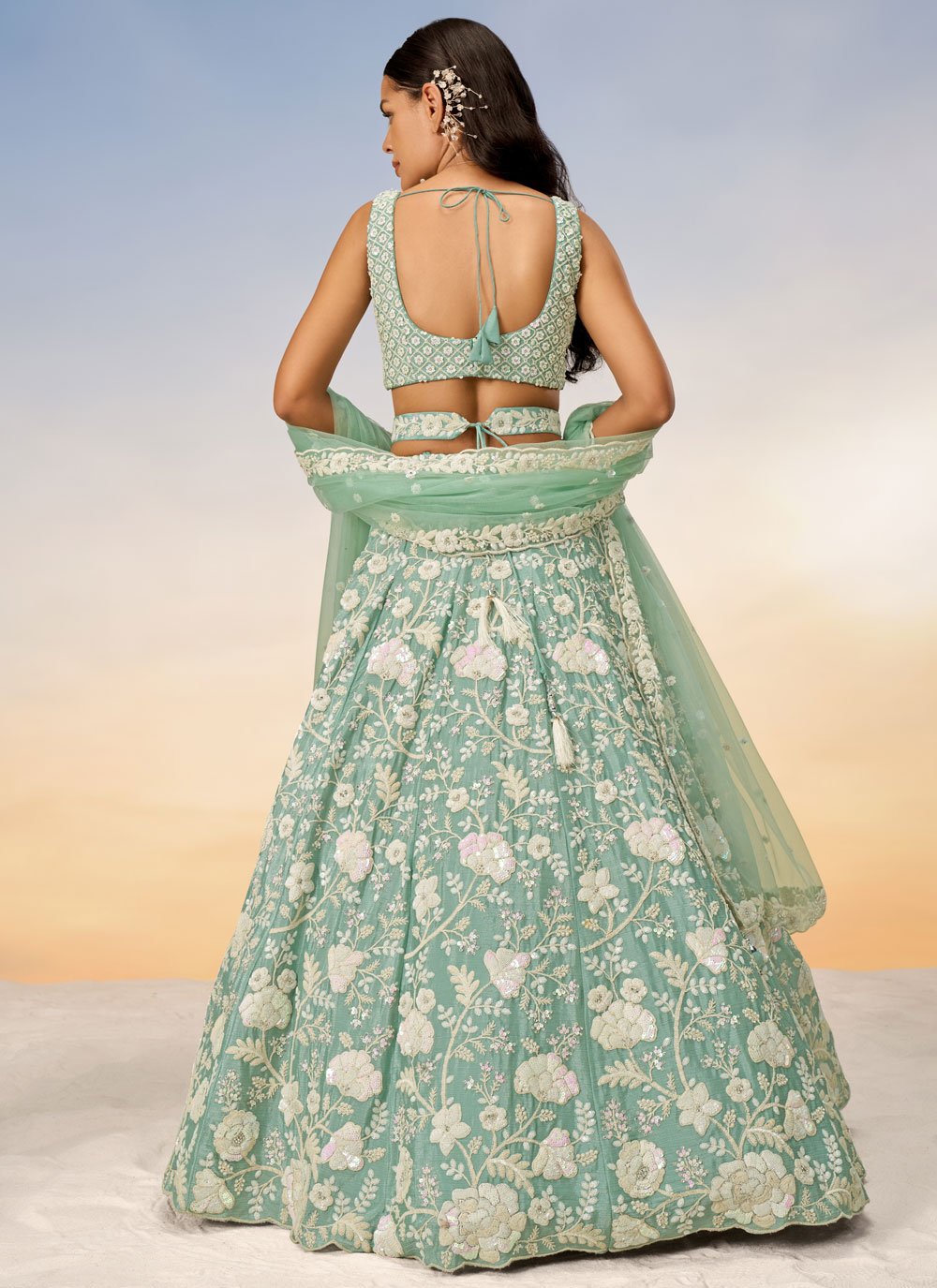 Royal Indian Wedding Lehenga with Heavy Zarkan and Sequins Embroidery In Seagreen