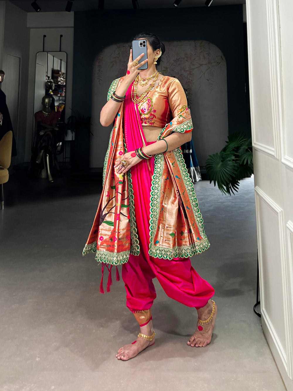 Pink paithani saree with dupatta and blouse