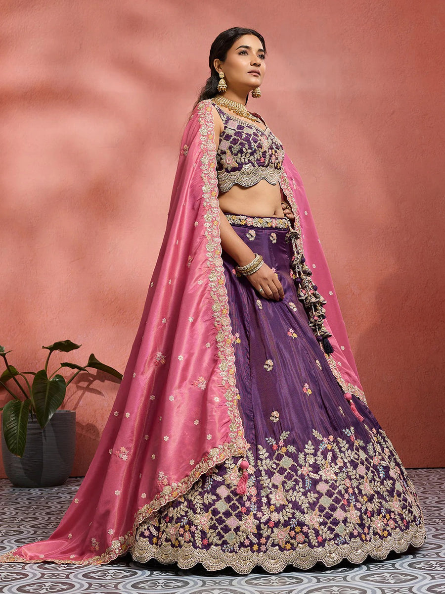 Designer Purple Bridesmaid Lehenga with Cutwork Dupatta