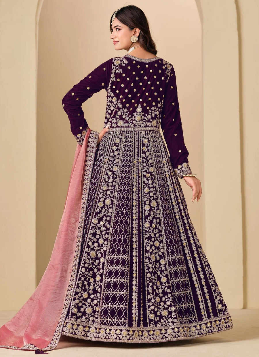 Purple Embroidered Velvet Party Wear Anarkali Dress