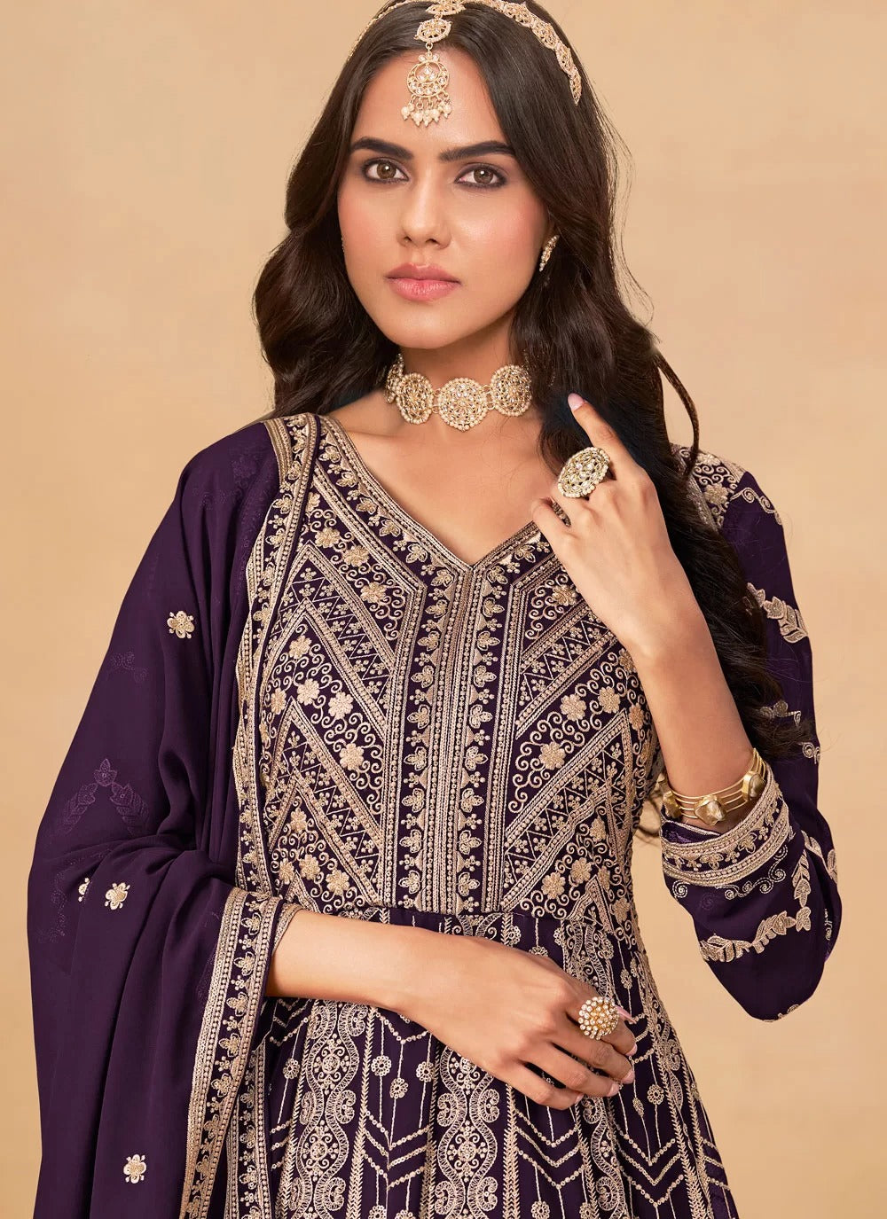Purple Georgette Anarkali Suit | Embroidered Front & Back Work – Stitched up to 44"