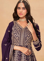 Purple Georgette Anarkali Suit | Embroidered Front & Back Work – Stitched up to 44"