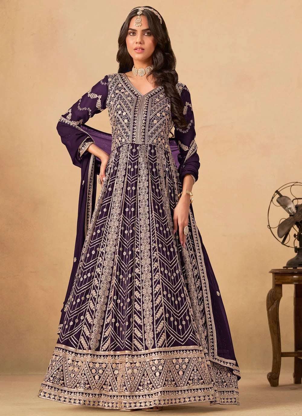 Royal Purple Faux Georgette Embroidered Anarkali Suit