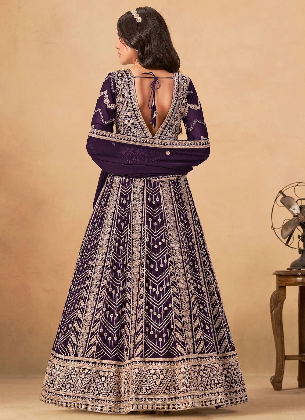 Purple georgette Anarkali suit with front and back embroidery work and matching dupatta