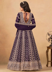 Purple georgette Anarkali suit with front and back embroidery work and matching dupatta