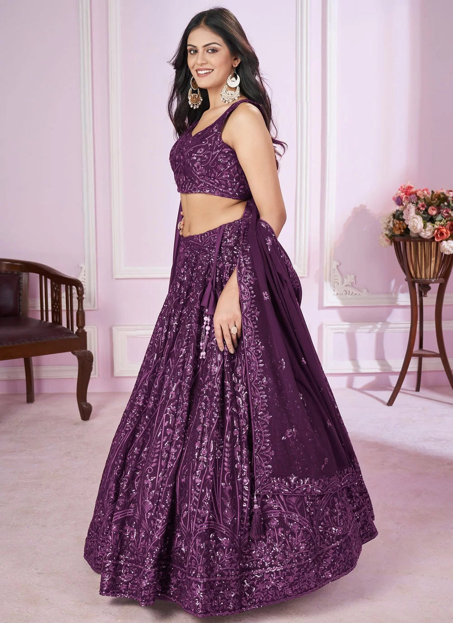 Royal purple georgette engagement lehenga with sequins embroidery