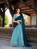 Sky Blue Color Sequins And Embroidery Work With Hotfix Silver Glossy Lehenga Choli
