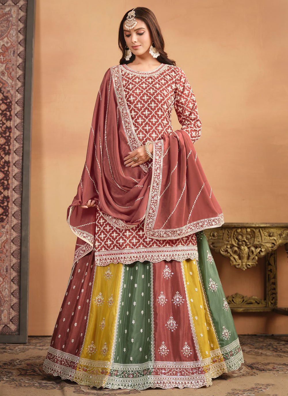 Rust Chinnon Embroidered Lehenga Style Suit