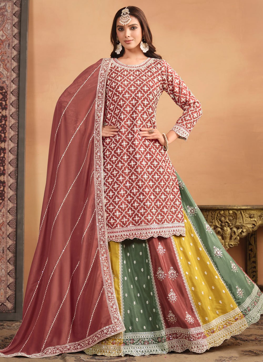 Rust Chinnon Embroidered Lehenga Style Suit