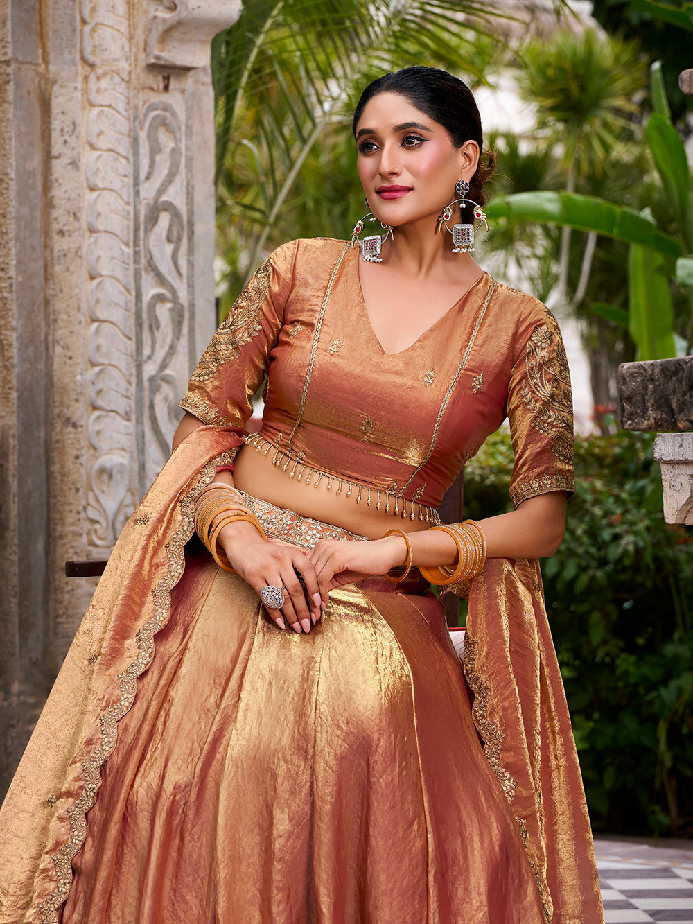 Rust Orange Color Sequins And Thread Embroidery Work Belt Fendi Lehenga Choli