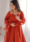 Rust Roman Silk Chanderi Anarkali suit with net dupatta