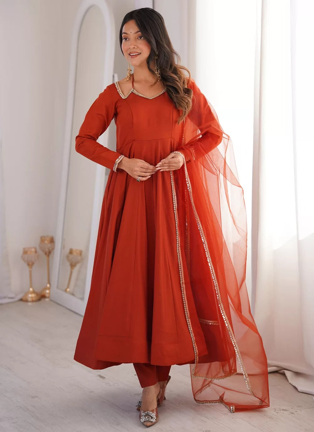 Rust Roman Silk Chanderi Anarkali Suit with Net Dupatta for Sangeet & Festive Wear