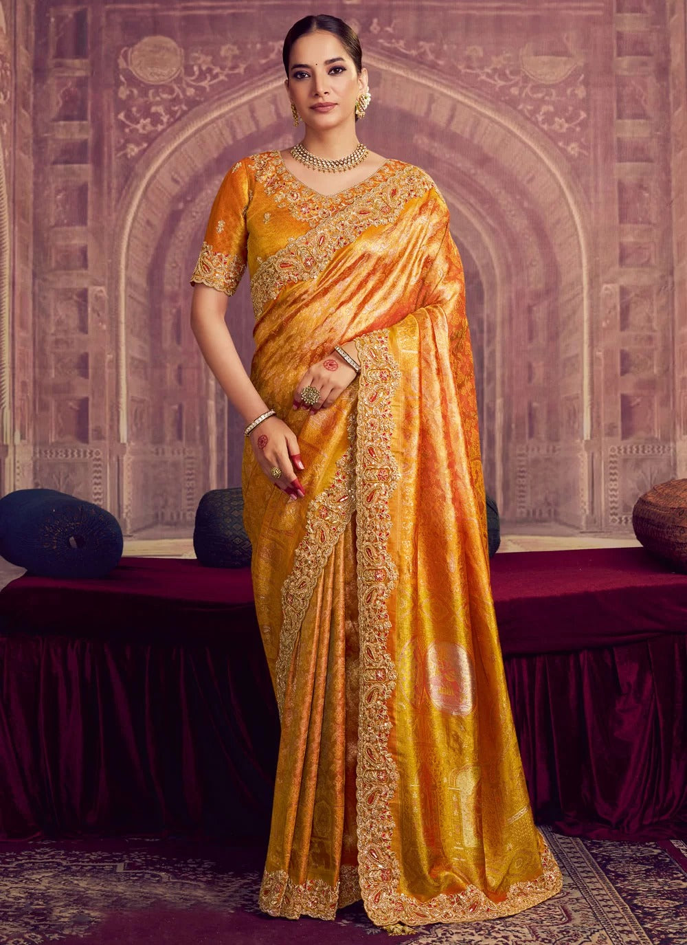 Saffron Gold Kanjivaram Pure Zari Silk Bridal Saree with Meena Zari & Hand Embellishments
