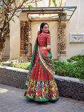 Salmon Color Kalamkari Print With Foil Work Tussar Silk Lehenga Choli