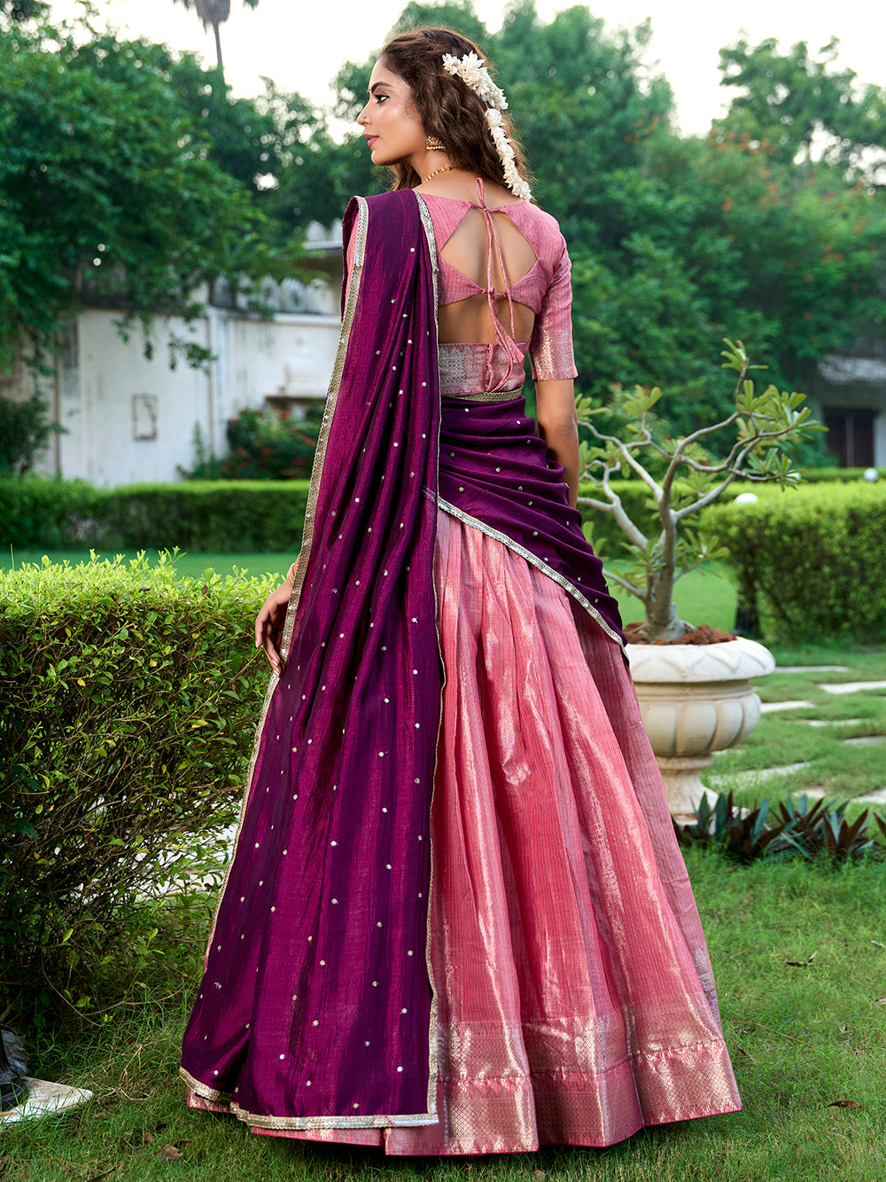 Salmon Color Zari Weaving Work Kanchipuram Wedding Lehenga Choli