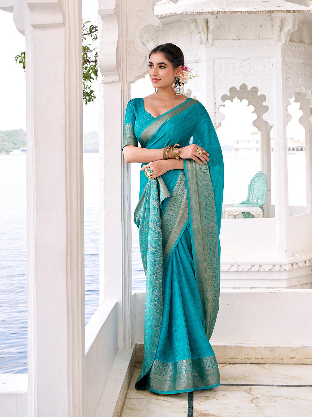 Firozi Chinon saree with zari weaving