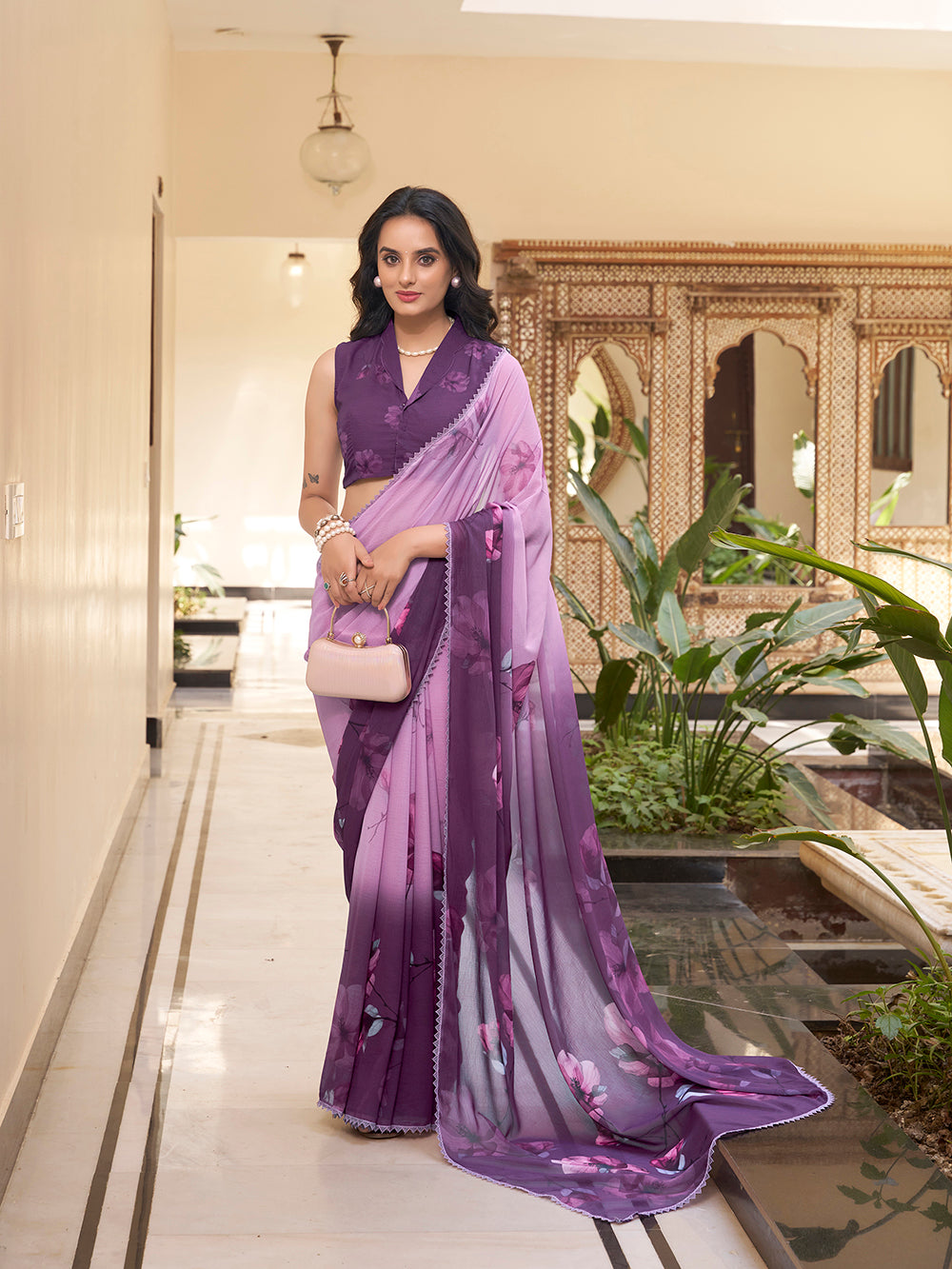 Weightless marbal saree with lace border