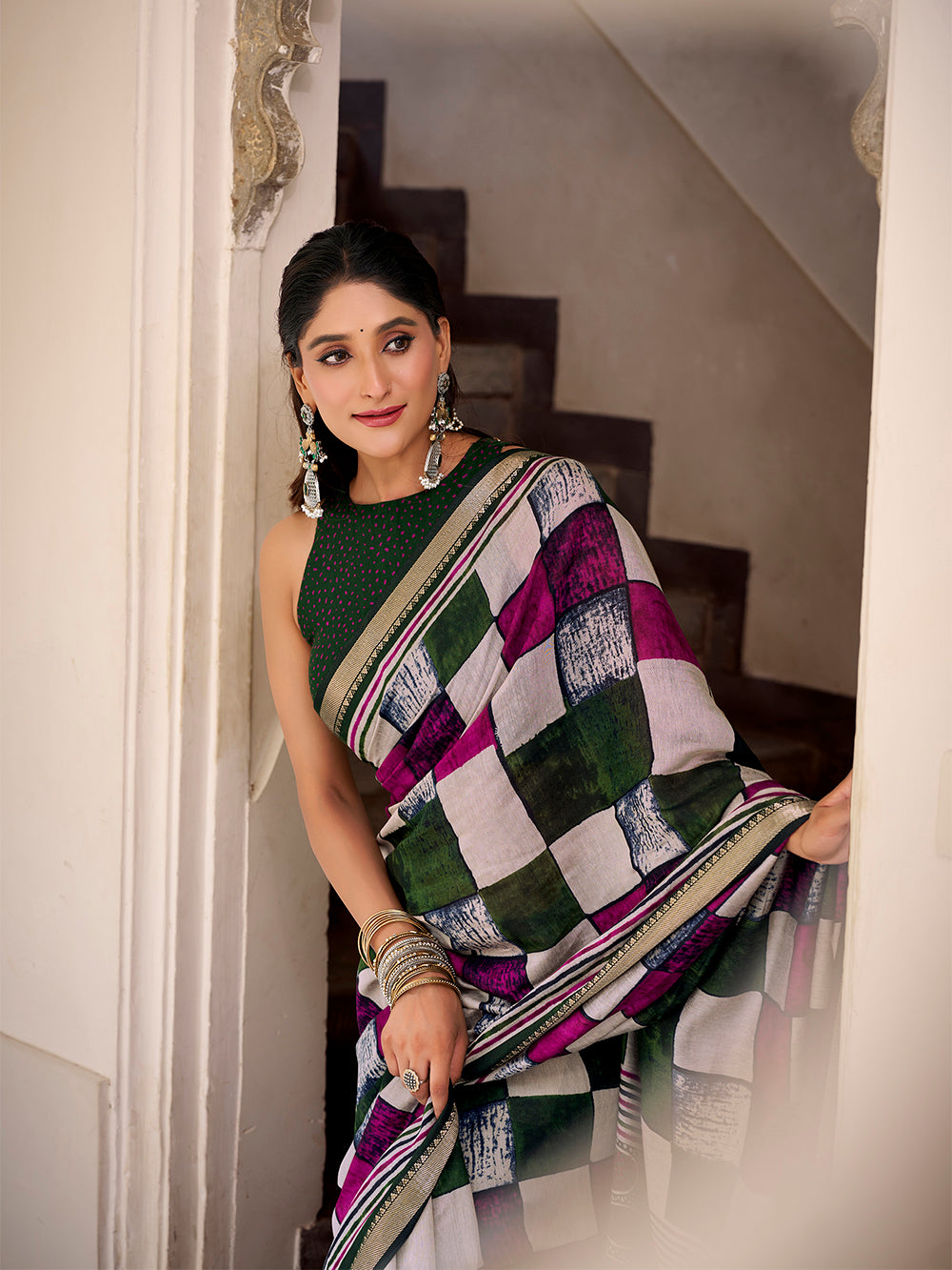 Traditional green check print saree