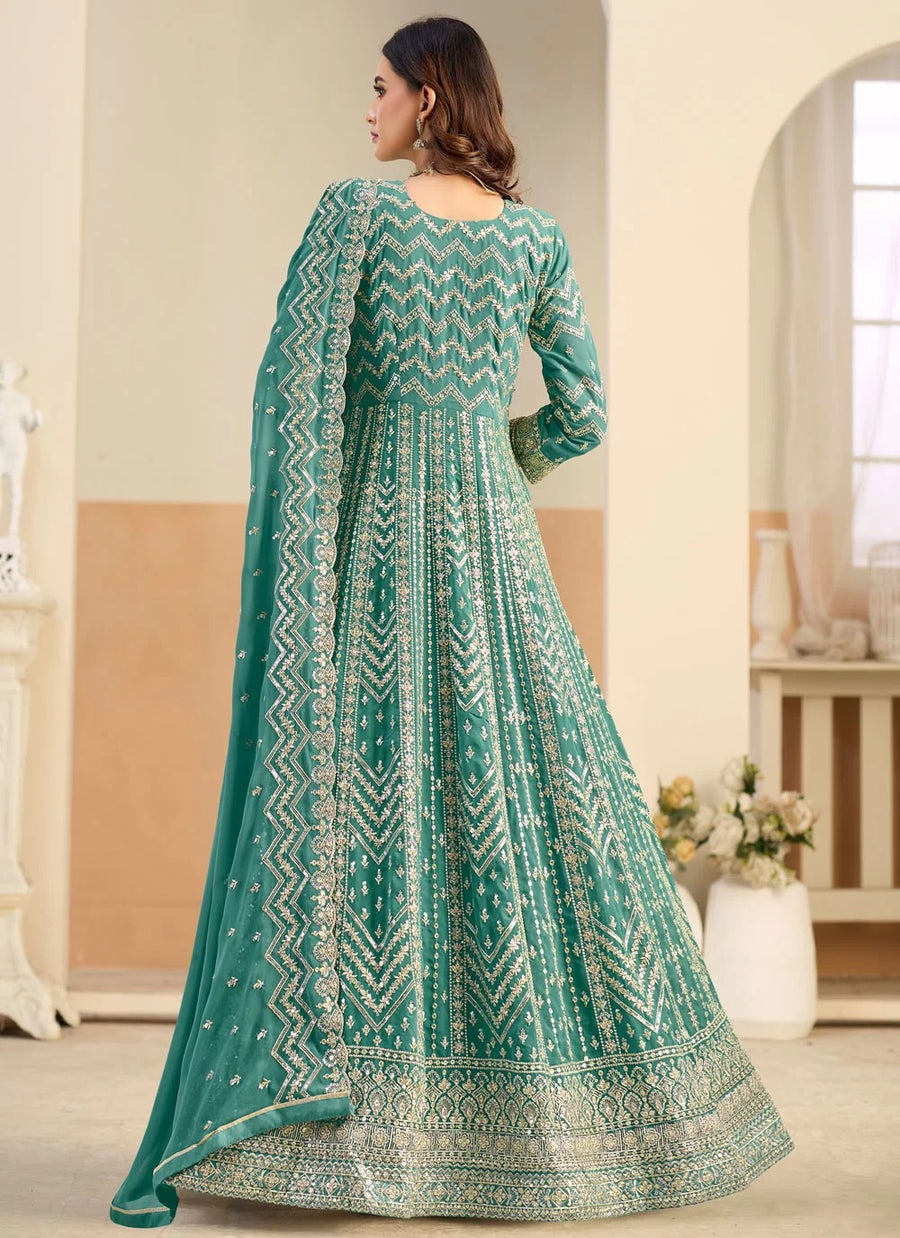 Sea green faux georgette Anarkali suit with front and back embroidery
