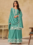 Sea green embroidered Chinnon silk palazzo suit with dupatta