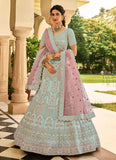 Sea Green Crepe Lehenga Choli Adorned with Resham and Stone Work