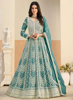 Sea green embroidered Anarkali suit in faux georgette fabric