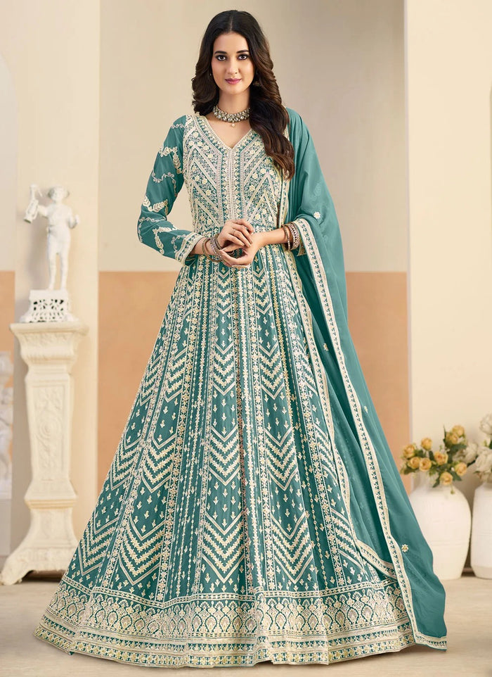 Sea green embroidered Anarkali suit in faux georgette fabric