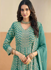 Embroidered sea green ethnic Anarkali dress for women