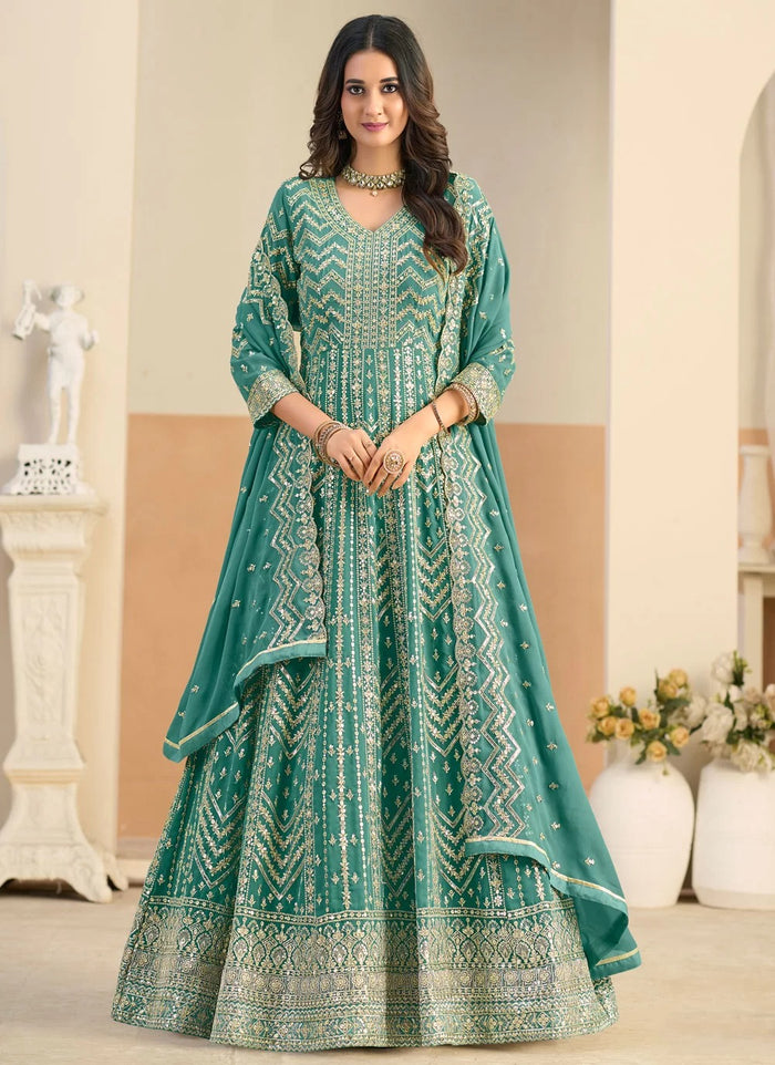 Sea green Anarkali suit with dupatta festive look