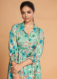 Sea Green Floral Printed Rayon Top and Bottom Cordset For Women