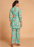Sea Green Floral Printed Rayon Top and Bottom Cordset For Women