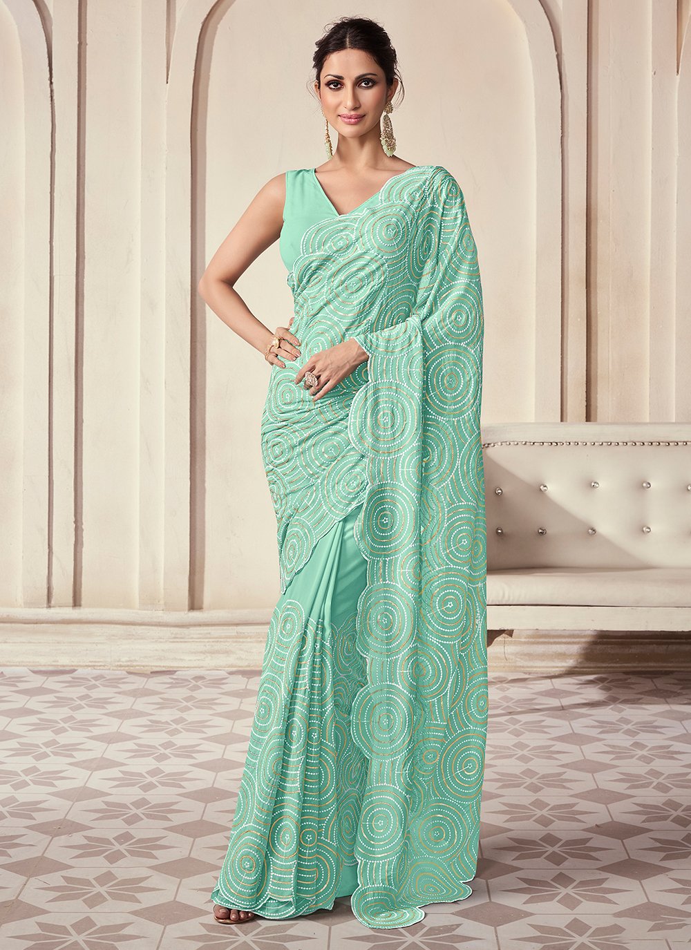 Sea Green Georgette Thread and sequins work Trendy Saree