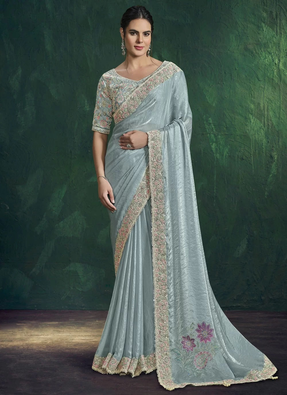 Handwork Satin Silk Saree with Stitched Blouse – Sea Green