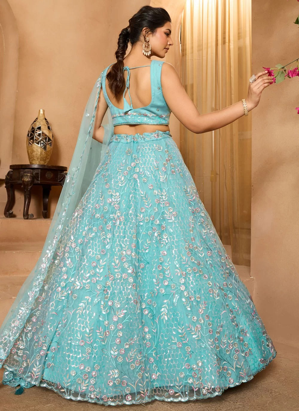 Sea Green Net Lehenga Choli for Day Weddings, Mehndi & Destination Events