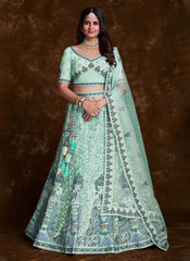 Sea Green Net Lehenga Set with Thread, Zari, Dori & Zarkan Work 