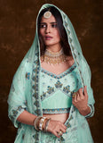 Sea Green Net Lehenga Set with Thread, Zari, Dori & Zarkan Work 