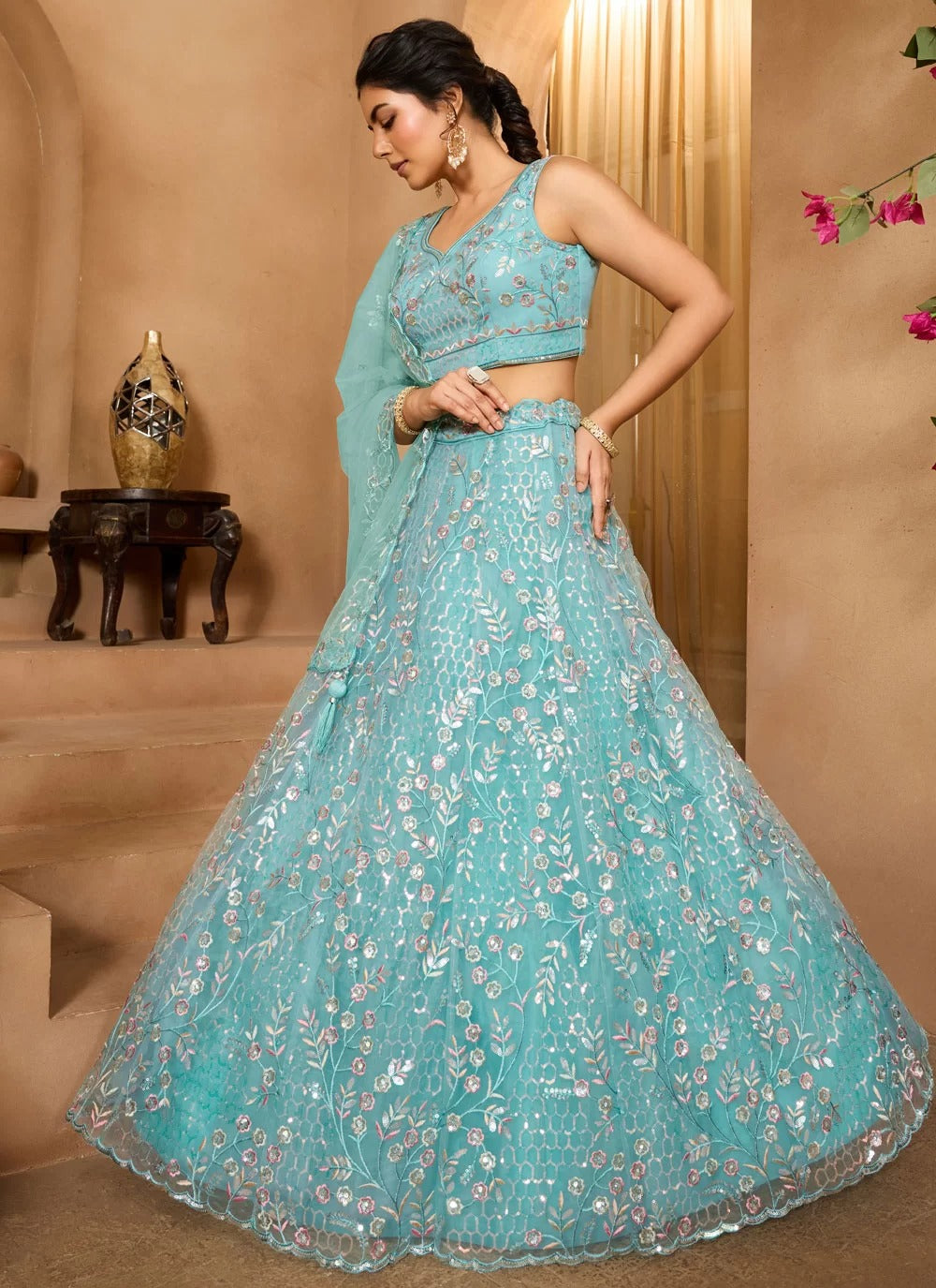 Sea green net lehenga for day wedding and mehndi functions