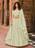 Sea Green Organza Sequins And Zari Work Lehenga Choli