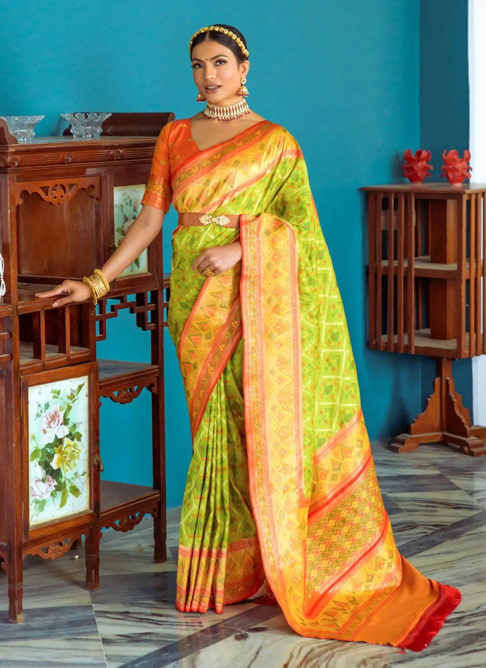 Sea Green Patola Printed Banarasi Silk Indian Saree