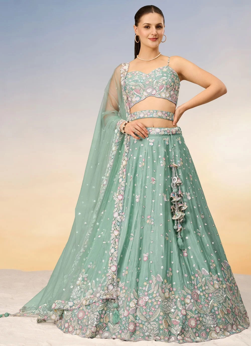 Sea Green Poly Chiffon Sequins and Thread Embroidered Indian Lehenga Choli