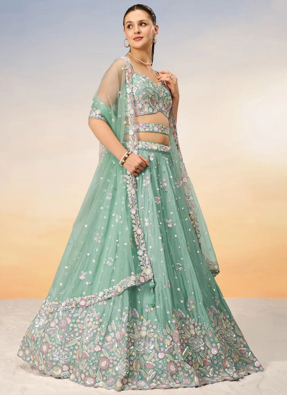 Sea Green Poly Chiffon Sequins and Thread Embroidered Indian Lehenga Choli