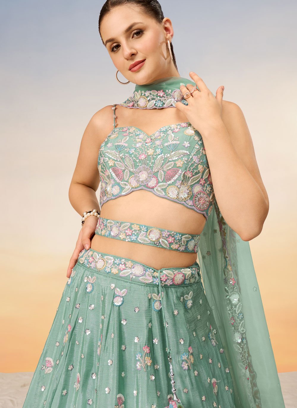 Sea Green Poly Chiffon Sequins and Thread Embroidered Indian Lehenga Choli