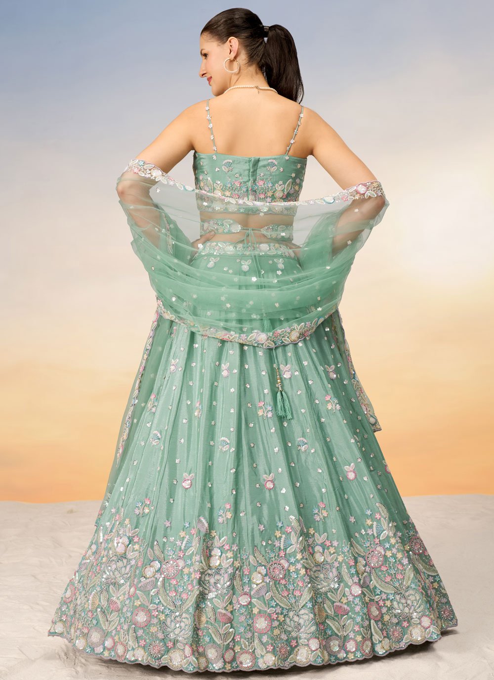 Sea Green Poly Chiffon Sequins and Thread Embroidered Indian Lehenga Choli