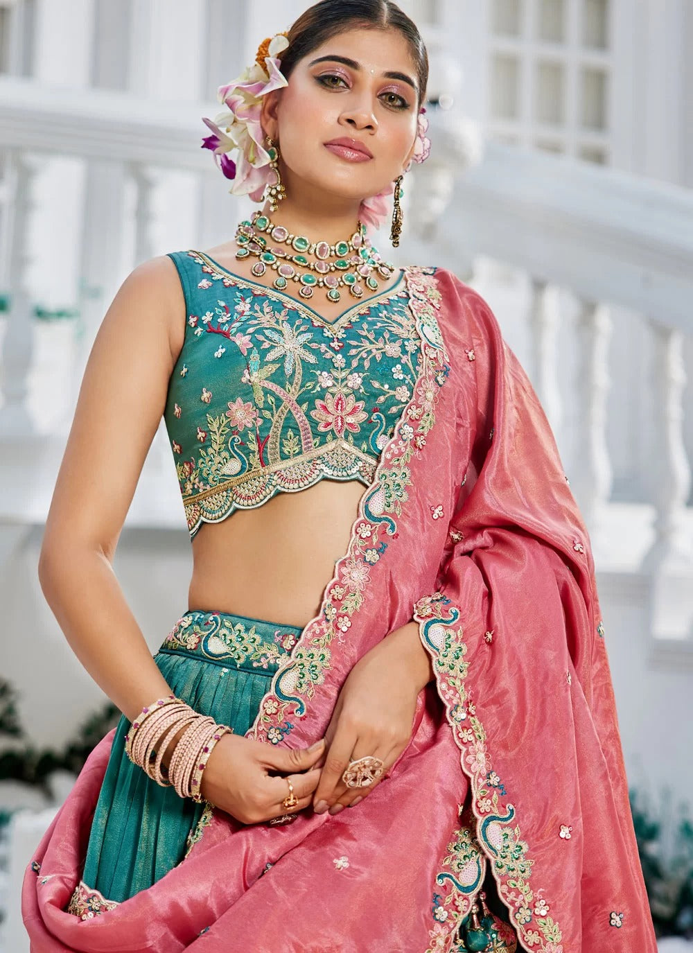 Sea Green Satin Embroidered Wedding Wear Lehenga Choli with Pink Dupatta | Gunj Fashion