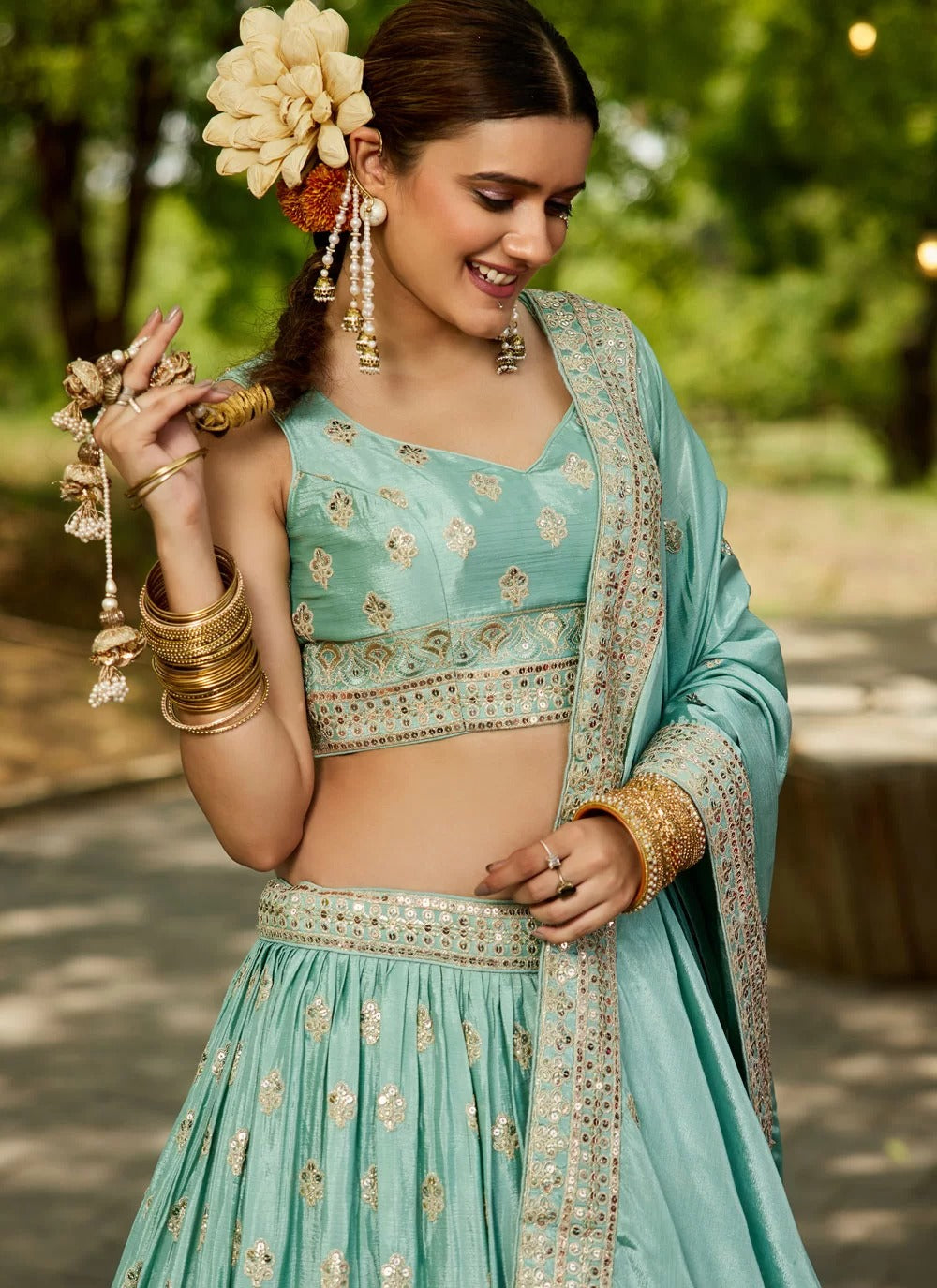 Sea Green Sequin Work Poly Chiffon Engagement Wear Lehenga Choli