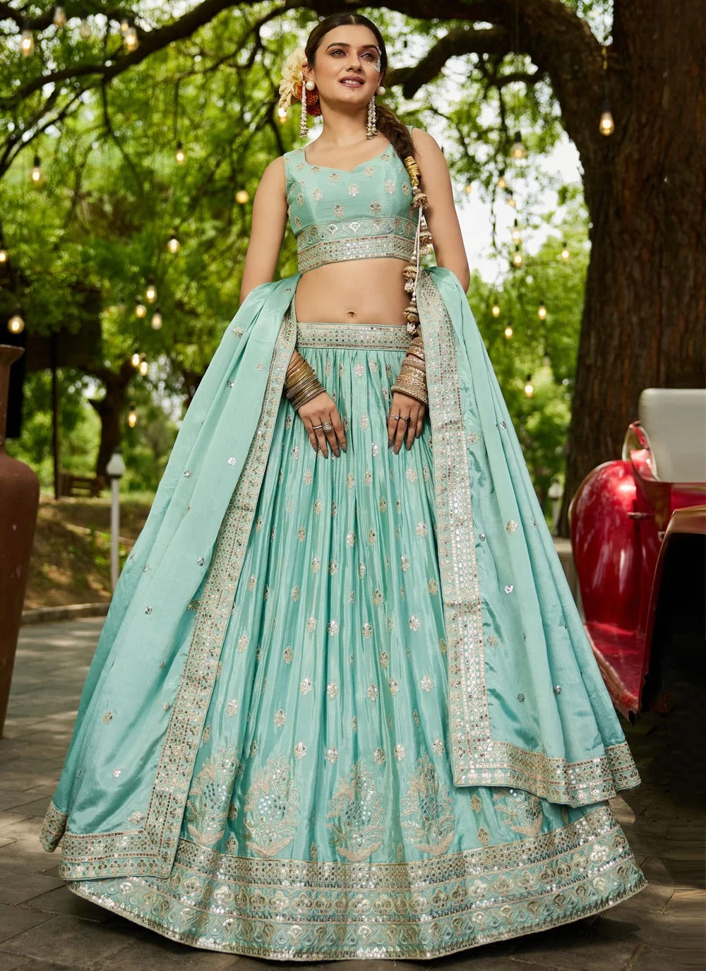Sea green chiffon sequin embroidery lehenga choli for engagement and festive wear