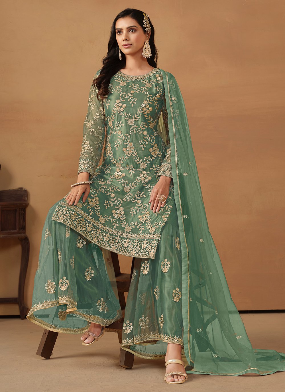 Sea Green Sequins Embroidered Palazzo Suits For Women