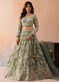 Sea green tissue lehenga with sequins, coding and thread embroidery for wedding and engagement wear.