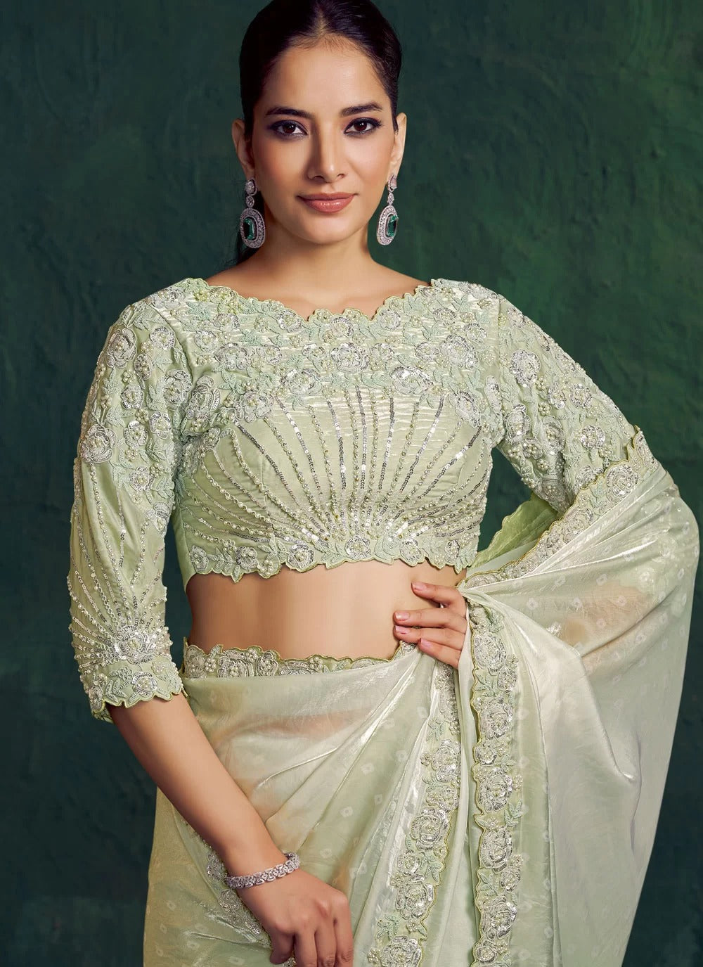 Sea Green Two Tone Satin Traditional Saree with Handwork