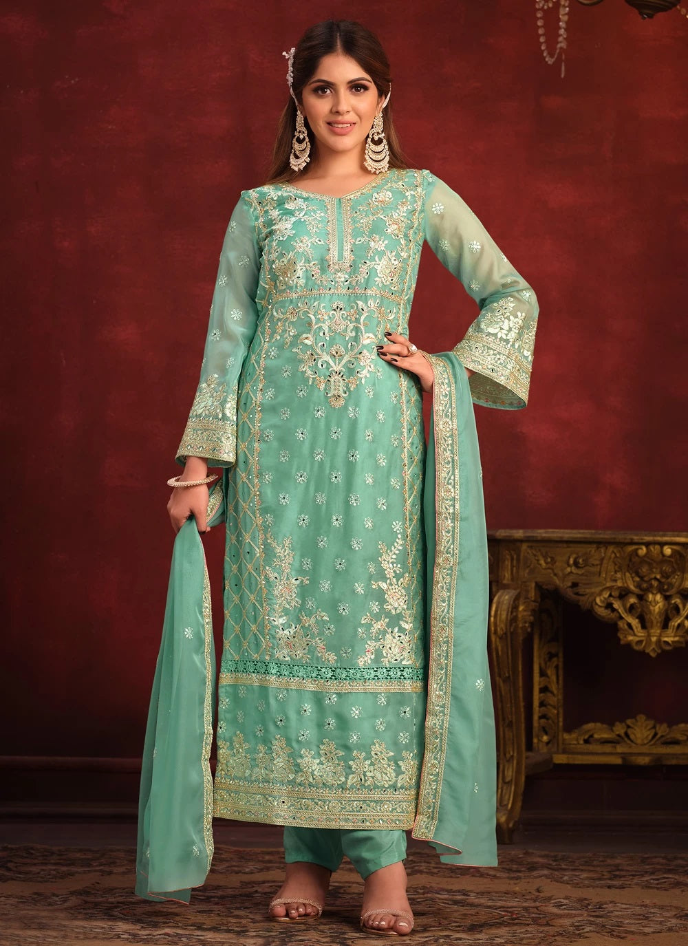 Sea Green Viscose Embroidered Pakistani Suit